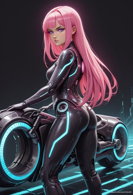 score_9, score_8_up, score_8, masterpiece, best quality, good quality, very aesthetic, absurdres, newest, 8K, depth of field, focused subject, dynamic angle, side view,  1girl,solo, CivChan, android,  holofoil glitter, faint, glowing, ethereal, neon hair, glowing hair, long hair, purple eyes, bodysuit, standing looking sweet, stance, coy,  looking at viewer, sci-fimasterpiece, best quality, good quality, very aesthetic, absurdres, newest, 8K, depth of field, focused subject, dynamic angle, side view, 1girl,solo, CivChan, android, holofoil glitter, faint, (glowing:1.5), ethereal, neon pink hair, glowing hair, long hair, neon purple eyes, looking at viewer, serious, zzCitronLegacy, 
Looking like the character Gem from the movie Tron Legacy,  black suit with glowing purple circuits, thick thighs, white boots, black eyeliner, mischievous expression, rides a TRON Motorbike, tron, giant bike, with angular Speed trail, in a Neon landscape, towering (geometric) structures, dark with vibrant electric-cyan highlights, cinematic sci-fi lighting, Shot with wide-angle lens, motion blur, ultra-detailed, photorealistic Tron style, black background elements, giant cyan glowing grid across the entire background,