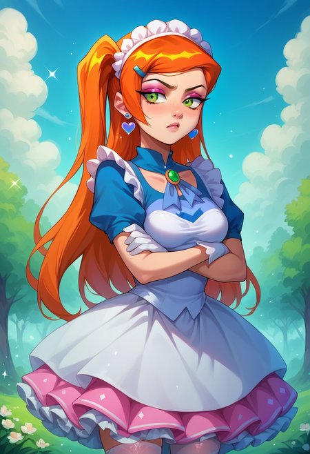 score_9, score_8_up, score_7_up, source_anime , 1girl, gwen tennyson (/Ben10)/, (ultra HD quality details), bright orange hair, green eyes, girly twintails, very long hair, masterpiece, best quality, absurdres, (pastel theme) magical girl, pink shiny dress, magical girl dress, sequins, madoka dress, petticoat, bell skirt, pastel colors, kawaii, frilled skirt, thighhighs, puffy dress, puffy short sleeves, gloves, tiara hairband, gem brooch, bow, ribbons, lace trim, frills, frilled fabric, sparkles, glitter, medium breasts,
lipstick, long eyelashes, eyeshadow, eyeliner, mascara, makeup,  
outdoors, nature, clouds, heart earrings, heart accessories, jewelry, frilled boots, solo, cowboy shot, looking to the side, half-closed eyes, pouty lips, pout, :T, crossed arms