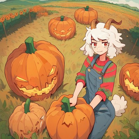 cute sheep woman, overalls, pumpkin field, fluffy clouds, illustration, goat horns, textured sweater, lamby lumpkin has white hair
score_8_up  <lora:last-000005:1>