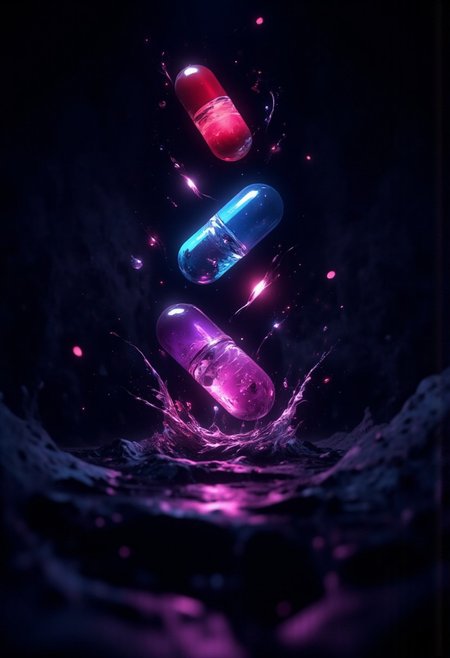 Three luminous pills suspended in a boundless, inky blackness, each radiating an otherworldly glow: a deep crimson, an electric blue, and a rich, plum purple. The regal purple pill, slightly forward of its counterparts, emanates an enigmatic, ethereal aura, as if imbued with an inner light. Hyper-realistic rendering imbues the pills with glossy, dewdrop surfaces that reflect the faint, ambient glow of the surrounding void, evoking the futuristic mystique of the Matrix. The composition hangs in a moment of decision, the purple pill subtly favored as the chosen option, its importance underscored by delicate, swirling particle effects and diaphanous energy wisps that dance around its surface. Inspired by the aesthetic sensibilities of Syd Mead, Ash Thorp, and Simon Stalenhag, this 64-megapixel, HDR masterpiece is a symphony of contrasts: sharp focus, atmospheric tension, and moody, cinematic lighting coalesce to create an image of breathtaking beauty and intrigue.