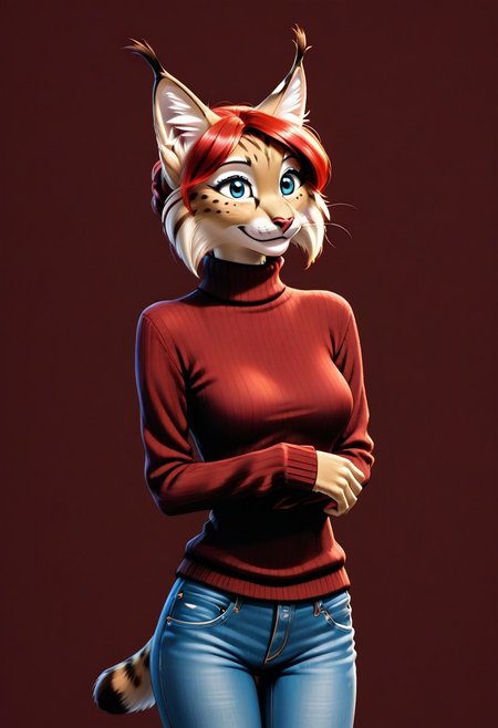 digital_media_(artwork) hi_res, score_9, score_7_up, score_6_up, source_furry, rating_safe, anthro, furry, female, furry female, detailed textured fur, fur tufts, lynx, red hair, blonde brown fur, spots, beautiful blue eyes, medium breasts, covered breasts, slim, slender, turtleneck sweater, denim jeans, smile, SFW,