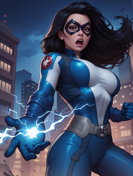 score_9, score_8_up, score_7_up,score_6_up, score_5_up, score_4_up , 1girl, solo, 
large breasts,
dreamerdg,
long hair, brown eyes, black hair,
blue bodysuit, blue gloves, superhero, domino mask, 
looking at viewer, 
aura, 
half-closed eyes, 
open mouth, 
from below, 
city, night, fighting stance, electricity,  
<lora:Dreamer DG PonyXL V1-000002:1>