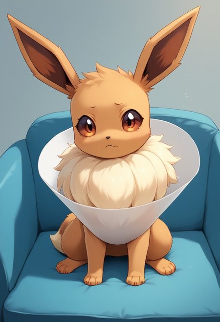 masterpiece, highres, score_9, score_8_up, score_7_up, source_anime, solo, Eevee, pokemon, feral, ((eevee wearing a cone of shame, plastic cone around eevee's neck)), eevee sitting on a couch looking very sad, droopy ears, looking at viewer,