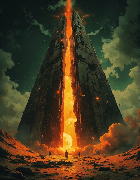 A sci-fi illustration of an Egyptian pyramid, its ancient stone structure glowing with molten energy that flows through intricate cracks along its surface. The pyramid stands tall in a surreal, otherworldly landscape, where the horizon stretches into infinity, blending into a cosmic abyss filled with distant stars and nebulae. The depth of the scene draws the viewer in, with swirling clouds of vapor rising from the molten core of the pyramid, casting an eerie glow across the surrounding area. Every surface of the pyramid is hyper-detailed, with intricate carvings and alien hieroglyphs etched into the molten stone, as if blending ancient Egyptian culture with futuristic technology. The sense of infinity and cosmic scale adds to the grand, awe-inspiring atmosphere.<lora:Sci-fi_env_flux:0.8> <lora:Luminous_Shadowscape:0.7>  <lora:ILLUSTRATION_2_FLUX:0.6>