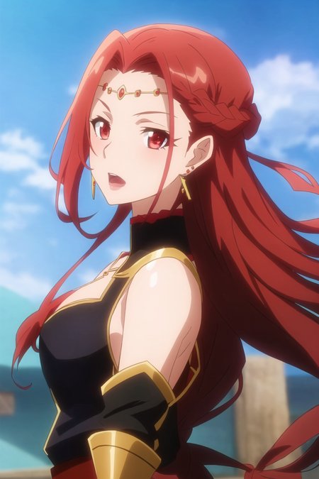 pina, anime art style, 1girl, solo, long_hair, open_mouth, red_eyes, jewelry, upper_body, braid, red_hair, earrings, armor, circlet