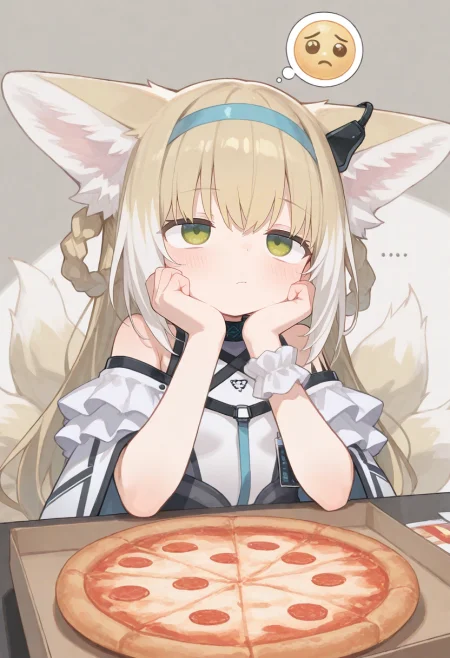 1girl, suzuran (arknights), pizza, ..., thinking, thinking emoji, hands on own chin, facing up, 
(zankuro:0.2), wagashi \(dagashiya\), chen bin, very awa, very aesthetic, masterpiece, best quality, amazing quality, absurdres  <lora:ponyv6_noobV1_2_adamW:0.5> <lora:n_XLNBVP1lokrV6311P:0.2> <lora:748cmXLNBVP1lokrV6311PZ:0.2> <lora:ricotte2:0.2>