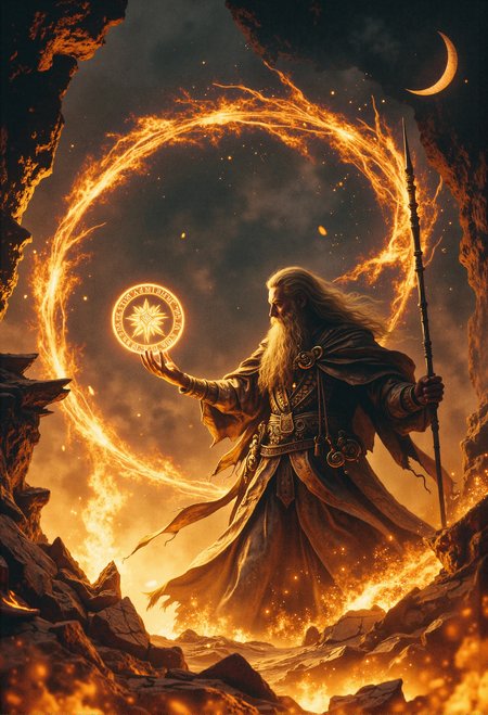 Depict a dynamic action scene of a powerful sorcerer in the midst of casting an ancient and formidable spell. The focus is on the intense energy radiating from the scene as vibrant, glowing magical lines swirl chaotically around the mage, creating an intricate pattern of luminous orange and gold. These fiery streams of energy twist and curl through the air, enveloping the sorcerer in a dazzling display of arcane power.  The sorcerer, a figure of wisdom and might, stands tall amidst a backdrop of jagged rock formations and a stormy, ash-filled sky. His flowing beard and long robes move with the force of the magic around him, adding to the sense of motion and drama. In one hand, he holds a staff with a crescent-shaped head, its surface etched with runes that glow faintly, resonating with the power of his spell. His other hand is extended towards a floating, radiant runic circle suspended in midair.  The runic circle is the centerpiece of his spellcastingâa luminous disk filled with glowing symbols and intricate patterns, pulsing with energy. The mageâs fingertips lightly graze its surface, sending ripples of light and sparks cascading through the air. Shards of broken rocks and debris hover in the background, suspended by the sheer force of the magical energy, amplifying the gravity of the moment.  The lighting is dramatic and vivid, with the fiery orange glow of the magic illuminating the mageâs determined expression, casting long shadows and creating a stark contrast against the dark and turbulent surroundings. The overall composition captures the raw, untamed power of magic in action, immersing the viewer in a scene of awe-inspiring intensity and energy. <lora:Dever_Flux_Enhancer.safetensors:0.5>,  <lora:Elden_Ring_-_Yoshitaka_Amano.safetensors:1.0>,  <lora:Movie_Portrait.safetensors:0.6>,  <lora:- Flux1 - soothing_atmo_V2.0.safetensors:0.3>,  <lora:lith_mimosa_kiel_grw134_FLUX.safetensors:0.5>,
