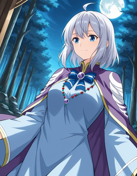 <lora:Dan_Chen__Battle_Through_the_Heavens__Illustrious:1>
1girl, solo, silver hair, short hair, ahoge, anime style, bangs, soft expression, blue eyes,
long robe, traditional clothes, fantasy outfit, purple cloak, wide sleeves, long sleeves, sleeves past fingers, blue inner dress, gradient design, moon pattern, decorative embroidery, formal uniform, layered clothing, blue bowtie, ribbon brooch, gemstone brooch, bead necklace, moon-themed outfit, detailed trim,
score_9, score_8_up, score_7_up, very aesthetic, source_anime, detailed, high quality, beautiful, masterpiece, detailed eyes, forest, tree, ruins, cowboy shot, dynamic angle, upper body, light smile, dynamic pose