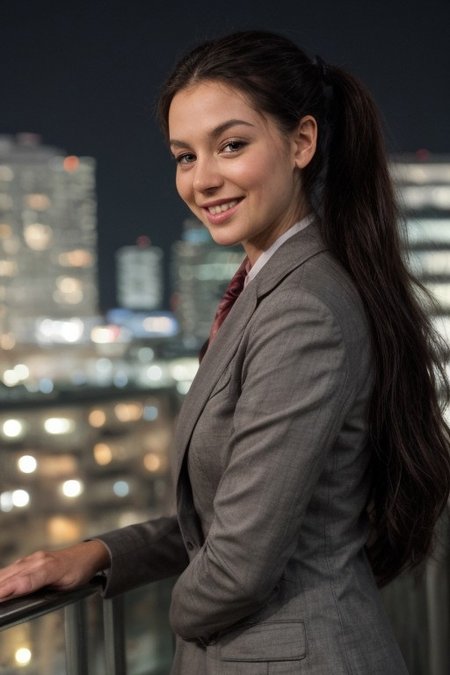 30yo American woman wearing bussiness suit holding a cigarrete
Dark black smooth long hair ponytail. smiling.
Looking at camera.
Dynamic varying pose.
Outside bussiness. Night time,  
Night time, dark.