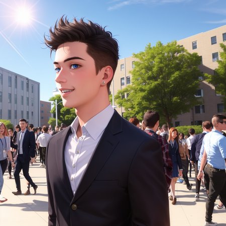 (22yo boy), (photorealistic), casual uniform, blue eyes, at university, lighting, sunlight, people around, intricate, happy, walking, (dynamic view), group of friend speaking around school