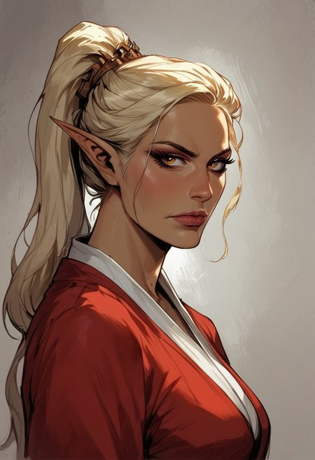 score_9, score_8_up, score_7_up, BREAK,
1girl, mature and imposing, 30 years old, portrait, beautiful, Elf  wizard, asian, asian woman, golden colored skin, tanned skin, tanned, sunbathed, sunbathed skin, evil, villain, blonde hair, medium brests, golden eyes, mature, mature woman, long ponytail, single ponytail, side bangs, modest clothing, red fantasy toga, red kimono, closed mouth, arrogant <lora:Fant5yP0ny:0.6> <lora:fantasy_world_pony:0.9>
<lora:Cherry-Gig:0.55>