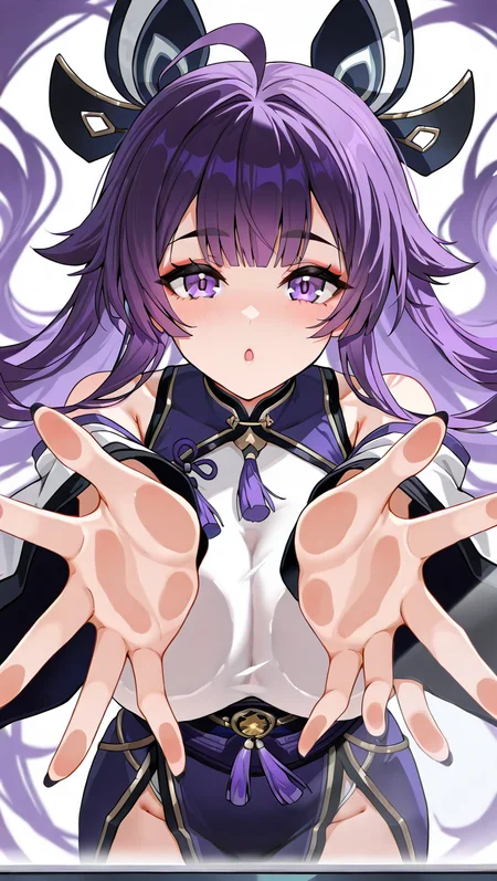 1girl, \\||/, against glass, ahoge, bangs, beckoning, black nails, blush, breasts, eyebrows visible through hair, fingernails, fingers, floating hair, foreshortening, hands, long hair, looking at viewer, nail polish, ok sign, open hand, open hands, outstretched arm, outstretched arms, outstretched hand, palms, purple eyes, purple hair, purple nails, reaching, reaching out, solo, spread fingers, white background <lora:DuskShade:1>
