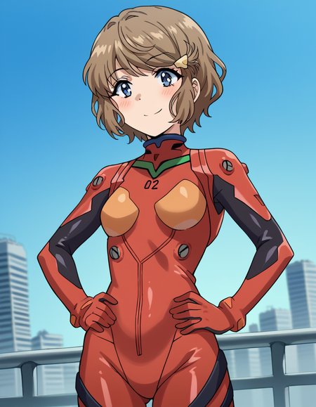 score_9, score_8_up, score_7_up, source_anime, <lora:tomoe-koga-s1-ponyxl-lora-nochekaiser:1>, tomoe koga, short hair, brown hair, blue eyes, hair clip,, <lora:souryuu-asuka-langley-cosplay-ponyxl-lora-nochekaiser:1>, souryuuasukalangleycosplay, souryuu asuka langley (cosplay), bodysuit, pilot suit, plugsuit, red bodysuit, interface headset,, cityscape, smile, blush, hands on hips,, , cowboy shot, dutch angle