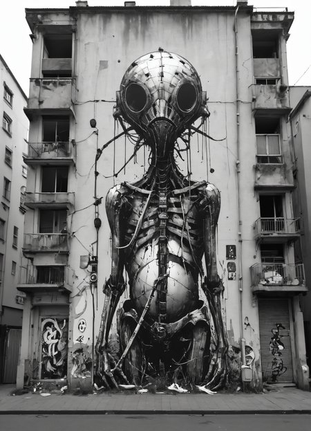 Phlegm, Wheatpaste, Artur Bordalo, b&w, front view, <lora:add-detail-xl:1>, <lora:Sinozick:1>
