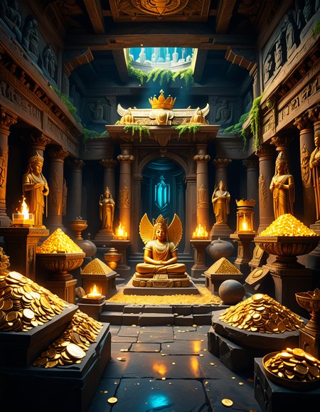 score_9, score_8_up, score_7_up,amazing quality, ultra realistic, 3D, HD, best quality, amazing quality, very aesthetic, absurdres
A hidden treasure chamber deep within an ancient temple, illuminated by the warm golden glow of torches and mystical blue light from enchanted crystals. The room is filled with piles of gold coins, jewel-encrusted goblets, and ancient artifacts covered in dust. Massive stone statues of forgotten deities guard the chamber, their eyes glowing faintly as if watching intruders. In the center, a grand pedestal holds a legendary artifactâan ornate golden crown encrusted with emeralds and sapphires, shimmering with an otherworldly aura. The walls are adorned with intricate carvings depicting lost civilizations, and creeping vines hint at centuries of abandonment. The atmosphere is mystical and slightly eerie, with a sense of both wonder and danger. The air is thick with the scent of aged parchment and burning incense, adding to the chamberâs ancient and mysterious feel. Cinematic lighting with dramatic shadows enhances the depth and richness of the scene, creating a visually stunning and immersive environment.
<lora:SDXLFaeTastic2400:0.4> <lora:extremely_detailed:0.4> extremely detailed,treasure ch4mb3r, <lora:treasure_ch4mb3r-p:1>