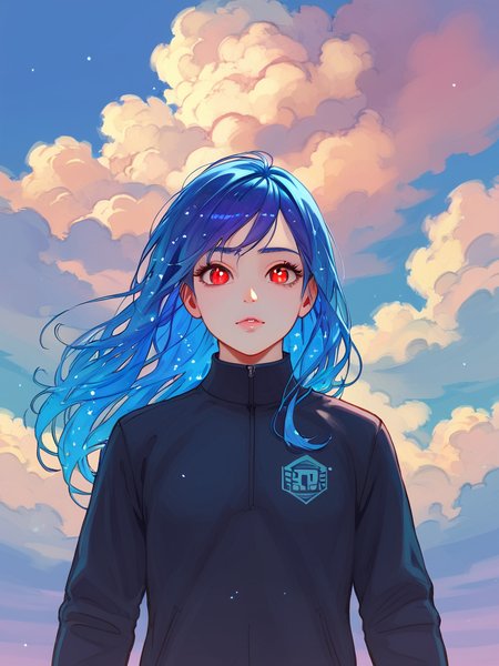 PDXL,  <lora:WaccaV1:1>, w4cc4, volumetric reflections, volumetric shadows, HDR, shot on Canon DSLR,
1girl, cute face, detailed eyes, long blue hair, red eyes, upper body BREAK galaxy in the background, clouds