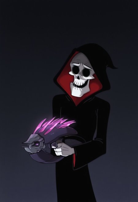 Masterpiece, best quality, highest quality, very aesthetic, absurdres, newest, (solo:1.3), 1boy, Gr1m, RPR, grim reaper, skull, black hollow eyes, needler_\(weapon\), crystals, aiming, scared expression, closeup,
