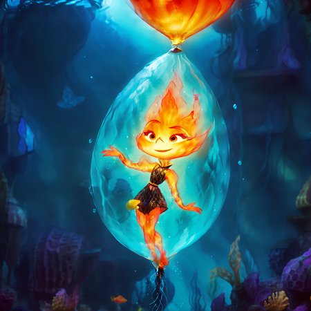 concept art a full body (disney studio Ember:1.1) inside a transperent baloon underwater, close-up <lora:Ember:1>, digital artwork, illustrative, painterly, matte painting, highly detailed