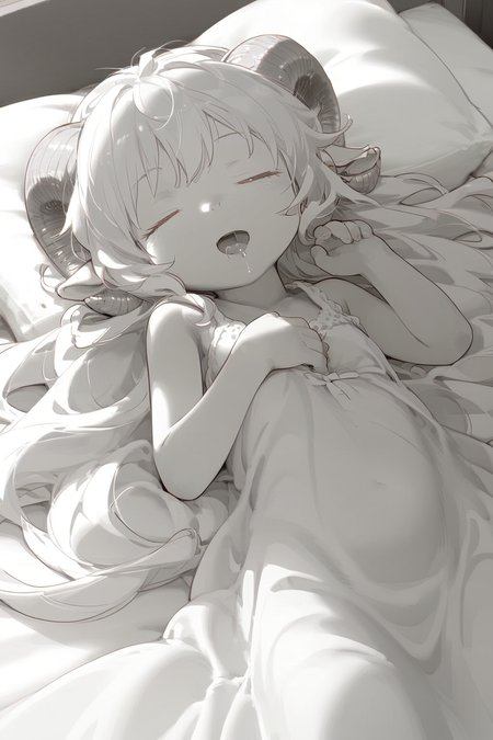 lauriescooper, sheep horns, very long hair, fluffy hair, white hair, sheep girl, young, messy hair,
futon, pillow, closed eyes, bed, sleeping, lying, under covers, blanket, happy, smile, :3, slightly open mouth, drool, nose bubble, bad posture,  night gown,
(black and white, manga effect, :1.5),
(score_9,score_8_up, score_7_up), zPDXL2, 4k,(dream illustration:1.2),(dynamic angle shot:1.4), (detailed skin texture:1.1), cinematic lighting,
<lora:Laurie:0.8>,
<lora:kakebuton_SDXL_V1:1>,
<lora:detailed_notrigger:1>,
<lora:a31_style_koni:0.6>,
<lora:nai3animation_v2.6_sanstans:0.3>,
<lora:outline_xl_kohaku_delta_spv5x:-1>,