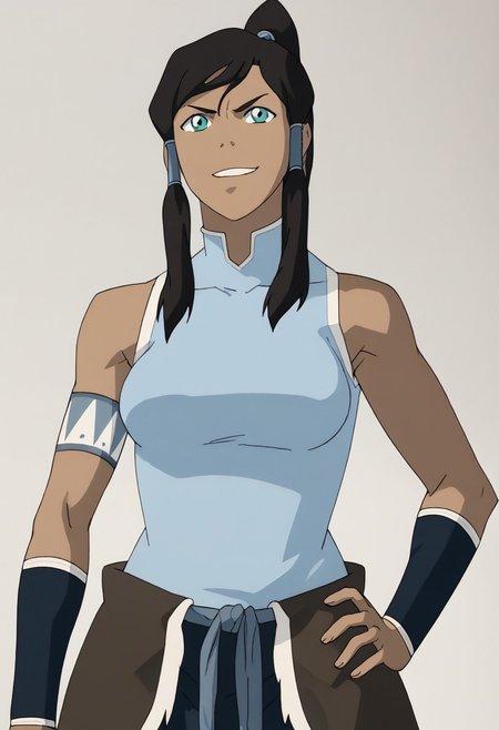cowboy shot, <lora:modern_anime_screencap_v1_0:0.45> anime screencap, (highres, best quality), zPDXL, <lora:Pony_DetailV2.0:0.5> <lora:t10m1n-000031:1> t10m1n, 1girl, dark-skinned female, aqua eyes, sidelocks, hair tubes, high ponytail, notched_collar, female focus, looking at viewer, parted lips, smirk, standing, hand on hip, curvy, breasts, classic_attire, sleeveless, armlet, bracers, waist_pelt, megami monthly magazine, white background,