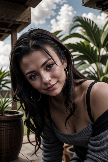 bhsm1, 1girl,  black hair,  earrings, outdoors, long hair,  potted plant, solo, upper body, close-up, dark background,  garage, wind, floating hair, cloudy sky, off-shoulder shirt, pants,  vertical stripes, looking at another, light smile, 
masterpiece, best quality, intricate detail,       <lora:LCM_LoRA_Weights_SD15:1> <lora:backlight_slider_v10:-0.5>   <lora:add_detail:0.5>