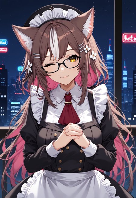 1girl, solo, highres, chisaka1st, hairclip, hair flower, hat, brown hair, streaked hair, white hair, animal ears, animal ear fluff, yellow eyes,

glasses, black-framed eyewear, 

maid, maid headdress, maid apron, black dress, black hairband, black ribbon, frilled dress, frilled apron, frills, red ascot,

looking at viewer, one eye closed, head tilt, portrait, light smile, closed mouth, clenched hands, own hands together,

dark, night, night sky, cityscape, neon lights, backlighting,