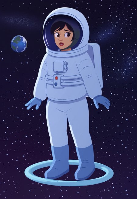 (zPDXL3) source_cartoon, handsfree, Perfect Hands, full body, 1girl, solo, looking at viewer , 
mari_lopez, black hair, short hair, spacesuit,  astronaut, space helmet, gloves, space , floating in space, planet, tiny moon, nebula,
