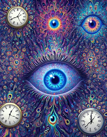 psychedeliclora, scenery.colorful, clock, eye