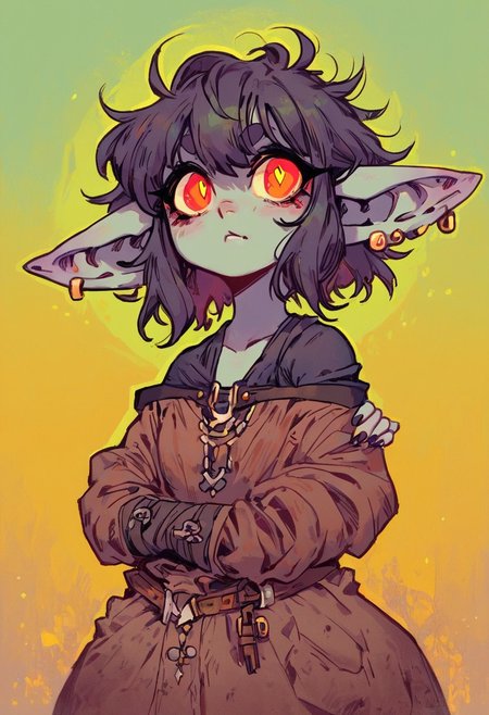((score_9, score_8_up, score_7_up)), (1girl, female goblin girl, viking), (slightly chubby:0.5), shortstack, curvy, wide hips, modern style colourful illustration, pale skin, bright colorful girl, bold & powerful, goblin like, lifelike art, evil & dark, simple background, big pointy ears, goblin like, big eyes, slip pupil, atmospheric surroundings, deep and colourful background, dark and moody lighting, messy hair, teasing, fur outfit, threatening,  clawed fingernails, low perspective, full body, crouched down (fangs:0.6), 
<lora:cultistexl:0.75>, <lora:n30nc4tXLP:0.5>, <lora:g4n1m3XLP:0.3>, <lora:UNW3LLXLP:0.8>, unw3ll, gloomy, eerie,