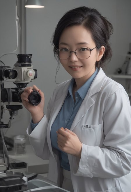 hyperrealistic, glamorous photo, masterpiece, stunning, best quality, RAW upper body shot photo of a mature geeky asian woman, clear focus, pale skin, curvy, glasses, black hair, perfect face, sexy pose, wearing a white lab coat and a blue shirt, big smile, working in a laboratory, Hasselblad DLSR camera, 200mm Zeiss lens, f/2.8, detailed, realistic shadows, low light, soft natural light, Rembrandt style light, professional, high contrast, bright colors, intricate details, (high quality texture), (sharp), (artistic image), 8K, highly detailed, vivid colours, rich details,