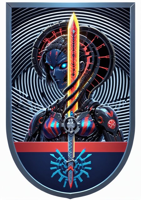 bright neon theme scene, score_9, score_8_up, score_7_up, mechanical style, a close up of a robotic cobra snake in a metal gear and with a sword and shield, vector graphics forum badge, inspired by Ota Bubeníček, american propaganda, red and blue color scheme, us army, h 1 0 2 4, by Jeff A. Menges, 300mm, authoritative, inspired by László Mednyánszky, cia ,  <lora:Black_light_circus:1>