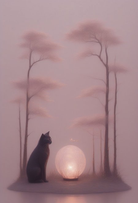 masterpiece, best quality, absurdres, copper cats sitting on a tree branch, facing each other in an intimate and harmonious pose. The left cat is black, while the right cat is white, creating a striking contrast. They are surrounded by delicate, blooming branches with small flowers, adding a serene and romantic atmosphere. The background is softly blurred, focusing the viewer's attention on the cats and their interaction. The lighting is soft, emphasizing the copper texture of their fur and the gentle ambiance of the scene. pink heart in front of them, white sphere in the background, h4ra_illu, momosp