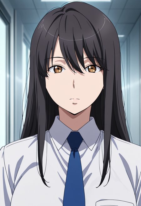 masterpiece, best quality, amazing quality, very aesthetic, absurdres, newest, illustration, perfect composition, intricate details, highres, anime coloring, 1girl, solo, (portrait:1.2), yukiww, mature female, brown eyes, black hair, long hair, bangs, hair between eyes, uniform, blue necktie, white collared shirt, breast pocket, short sleeves, looking at viewer, shiny body, shiny skin, skindentation, clear skin, shiny hair, ultra detailed eyes, depth of field, sharp, intricate details, hyperdetailed, ultra-detailed, detailed clothing folds, high contrast, dynamic light <lora:Kaizuka_Yuki_Aldnoah_Zero_ill_v1.1:1>