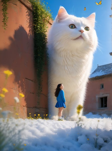 <lora:white cat è¿æV1.0-0008:1>,large white cat,a young girl,Sunlight is shining into the  lake is about to set in the evening after dark,Minimalist style sets,Desert waves,Metal texture,Physics-based rendering,Snow scene,8k resolution,Layered translucency,Smooth metallic curved lines,chiaroscuro,ray tracing,Minimalism,, (masterpiece, best quality, highres:1.2),