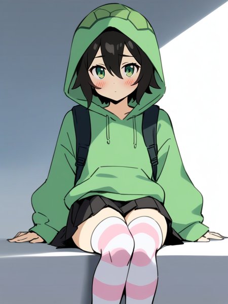 (best quality),((masterpiece)),(highres),original,extremely detailed 8K wallpaper,(an extremely delicate and beautiful),anime, vedal, looking at viewer, blush, short hair ,bangs, simple background, black hair ,long sleeves ,1boy ,  hair between eyes, sitting ,green eyes, pleated skirt, solo, black skirt, green hoodie, turtle backpack, pink striped thighhighs hood up green hoodie <lora:vedalxl:0.9>