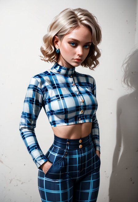 score_9, score_8_up, score_7_up, score_6_up, score_5_up, score_4_up,, hyperrealistic, photograph, full color, solo, 1girl, female, short hair, platinum blonde hair, swept bangs, wavy hair, voluminous hair, diamond earrings, hair behind ear, marine blue eyes, detailed eyes, slim hands, BREAK, (plaid_clothes:1.9), crop top, (light blue plaid pattern top:1.2), top without buttons or zippers, long sleeves, very tight top, midriff, navel, tight high-waist pants, (blue plaid pattern pants:1.2), matching outfit, BREAK, confident expression, head tilt, hand in pocket, hips tilted sideward, BREAK, hard shadows on wall, shading, directed light from side and top, simple background, light blue background, looking away, model, modeling