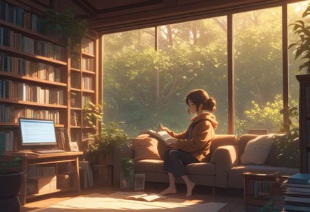 FFCB, Simple Anime, Cozy study corner at the library, plant, bookshelves, reading lamp, big glass windows, 1woman reading a book