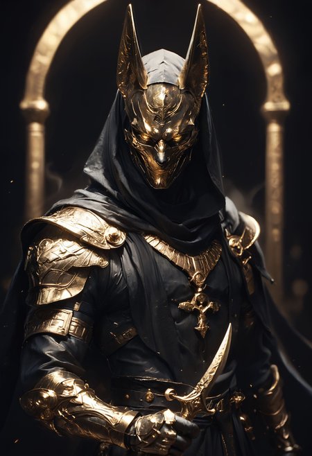 (score_9, score_8_up), score_7_up, Highly detailed RAW color Photo, glowing eyes, yellow eyes, glowing, Anubis as an anime character in a dynamic pose, holding staff, 1arm up, shoulder armor, gauntlets, pauldrons, mask, dark, hood, full armor, looking at viewer, all black and gold armor, black cloak, occult, dark theme, black and gold theme, black background, simple background, gold and black armor, gold, gold jewelry, dark,
gorgeous details, depth perception, backlighting, photorealistic, shiny metallic texture, perfectly rendered reflections,
dark lighting, dof, depth of field, realistic, dark background, CINE, embers, low-key, hkwarrior,

<lora:unholy-000009:0.6> <lora:CINE-000008:0.4>
<lora:PonyFantasyWarriorsEgypt:0.7> <lora:- SDXL - vanta-black_contrast_V3.0:0.7> <lora:masky-000009:0.2>