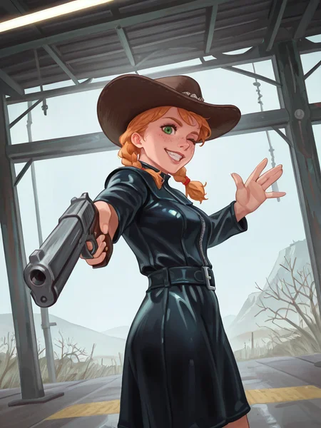 gothic style <lora:Rino99Quiron_Style_ilus:1> ,  Rino99Quiron, 1girl, upper body, dutch angle, wearing leather dress with cowboy hats leather shoes, holding gun aiming toward viewer, grin, blonde hair, freckles, inside old wild west trains, dessert dust, motion blur, one eye closed., A place with a very vast nature with big trees and lots of vegetation,  from side,  , waving,   , 
misty copper train station,  . dark, mysterious, haunting, dramatic, ornate, detailed