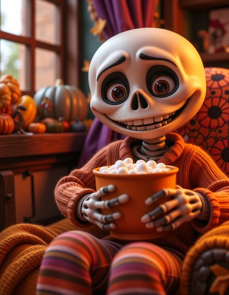 A cartoon skeleton wearing striped pajamas and holding a hot cocoa with marshmallows, sitting on a comfy chair with a pumpkin blanket. Cozy and cute, lighthearted Halloween, 4K.
 <lora:Cute_3d_Cartoon_Flux:0.6>