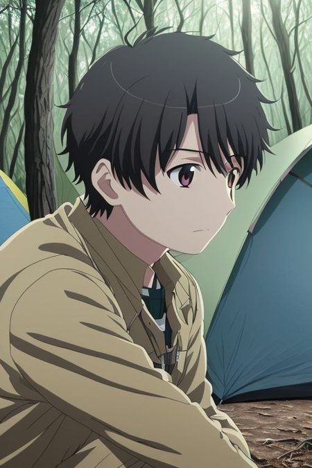 high resolution, solo, best quality, 1Boy, Inaho Kaizuka, Black Hair, forest, camping, OverallDetail