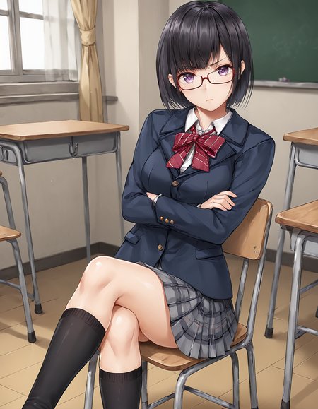 score_9, score_8_up, score_7_up, score_6_up, score_5_up, score_4_up, <lora:NaoS_T1V0:0.85>, <lora:sdxl_lightning_8step_lora:1>,
1girl, solo, source_anime, anime screencap,
NaoS_T1V0, black hair, medium hair, bob cut, bangs, purple eyes, glasses, red-framed eyewear, medium breasts, 
school uniform, blazer, dark blue jacket,  white shirt, dress shirt, long sleeves, red bowtie, diagonal-striped bowtie, 
grey skirt, plaid skirt, black socks, kneehighs, 
sitting, on chair, crossed legs, crossed arms, 
looking at viewer, light frown, v-shaped eyebrows, closed mouth, 
indoors, classroom, school chair,