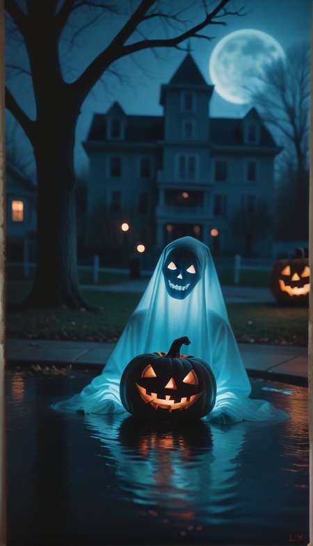 Stable_Yogis_PDXL_Positives  score_9, score_8_up, score_7_up, score_6_up, hllwn, halloween, vintage, ghost costume, no humans, ghost, tree, halloween, bare tree, outdoors, signature, water, building, traditional media