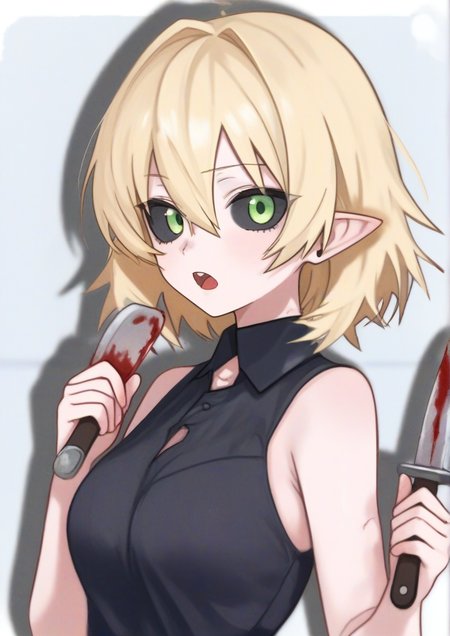 1girl, mizuhashi parsee, by kodoto, black blood, black sclera, black shirt, blonde hair, blood, colored sclera, cracked skin, green eyes, hair between eyes, hair intakes, holding, holding knife, kitchen knife, knife, looking at viewer, open mouth, pointy ears, shirt, short hair, sleeveless, sleeveless shirt, solo, upper body,  <lora:Rehu:1>
