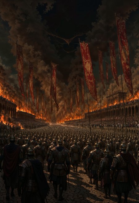 a dramatic, cinematic-style digital artwork depicting a medieval battlefield scene. The layout is dynamic, with a large group of armored soldiers advancing towards the viewer, their backs turned. The soldiers are clad in metallic armor and helmets, carrying round shields and spears. The scene is set against a backdrop of smoke and fire, with flames and embers casting an orange glow across the battlefield. Tall, tattered banners rise above the soldiers, adding to the sense of movement and chaos. The sky is dark and ominous, enhancing the dramatic atmosphere. The overall color palette is dominated by dark tones, with contrasting fiery highlights, creating a sense of intensity and urgency.