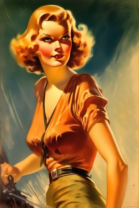 <lora:Rolf Armstrong Style:1>Rolf Armstrong Style - beautiful female adventure protagonist woman, 1930s pulp adventure novel cover illustration