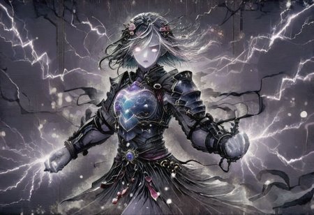 (Masterpiece:1.3), (best quality:1.2), (detailed background:1.1), (intricate details:1.1), (detailed background:1.2), 1girl, solo focus, standing, perfect anatomy, 
bleakfaith,
source_anime, night sky, dark cloud background, sky background, thunder on background, only purple lightning, purple sparks,
BREAK
watercolor, chinese,traditional,
BREAK
(purple hair:1.2),(pale skin:1.3), (purple skin:1.5),1girl,solo, mysterious, vivid color, shiny, (short purple hair), bob cut hair, purple eyes,glowing purple pupils, human ears, sparks from one eye,
laugh arrogantly,
BREAK
Clothes(dark suit,armor, lion chest plate), lightning, dark purple thunder, chinese style, 
spraks in hand,
BREAK
looking at the viewer, front view, full view,
best quality, ultra-detailed, absurdres, detail face, best quality, hires textures, high detail, (4k),incredibly detailed
NegativeDynamics,