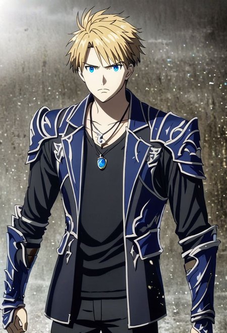 high resolution, professional photography, solo, best quality, 1Boy, Yamato Ishida, Blond Hair, Deep Blue Eyes, Necklace, dystopia, black jacket, black shirt, serious looking, black pants, armor, dark fantasy, OverallDetail