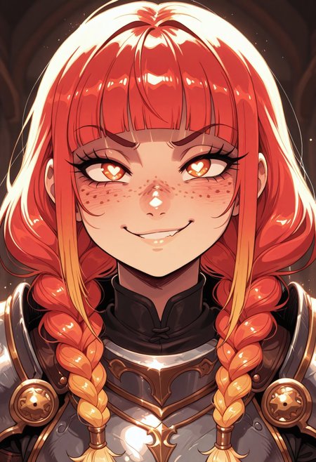 fantasy armor,
face focus, freckles, gradient hair,
detailed eyes, long hair, blunt bangs, braids,
cute smirk, unusual_pupils heart,

very awa, masterpiece, 2d,
Rapscallionstyle, Bl3th3bn3_Styl3_SKNSFW,,