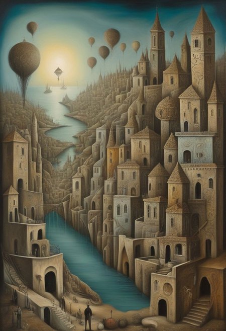surrealist art city. dreamlike, mysterious, provocative, symbolic, intricate, detailed